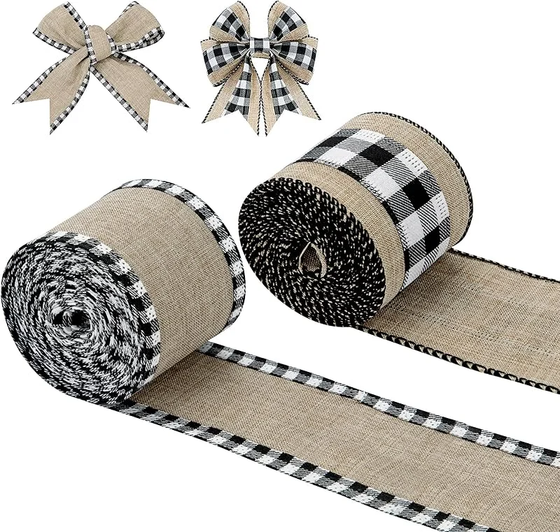 Newellsail Cinta a Cuadros de Arpillera para Manualidades 6 Yardas Cinta a Cuadros en Blanco y Negro Cintas con Alambre para Envolver Regalos, Navideña, Boda 2 Rollos — Envoltorio regalo