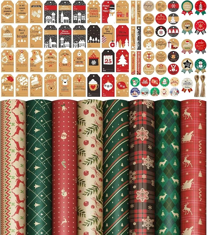Silospire Papel Regalo Navidad Kraft Set 8 Hojas 70x50cm, Papel de Envolver con 60 Etiquetas y 69 Pegatinas, Diseños Navideños Variados, Estilo Vintage para Regalos Pequeños y Medianos — Envoltorio regalo