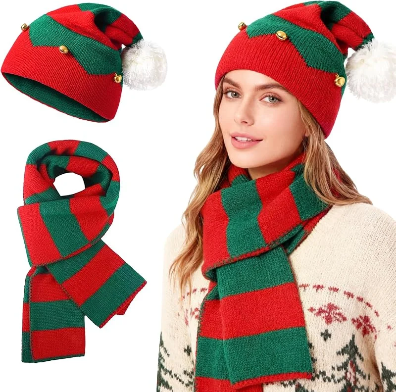 TAGVO Juego de 2 Piezas de Gorro y Bufanda de Navidad, Regalo de Invierno, Conjunto de Gorro Tejido de Navidad, Gorro y Bufanda de Elfo y Santa para Fiestas — Ropa Navidad