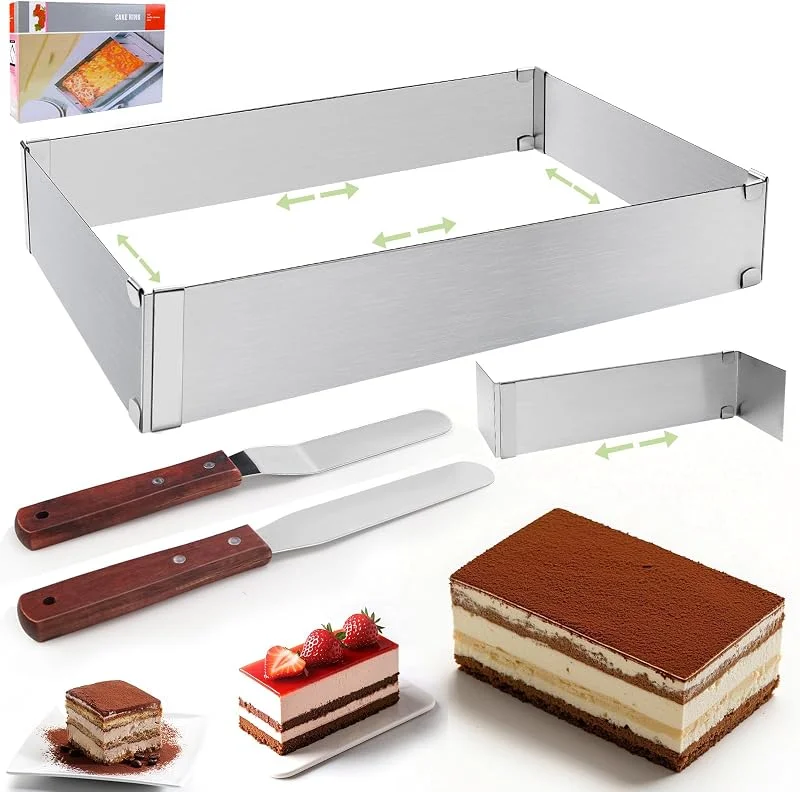 KOUHA Marco para Hornear Rectangular Ajustable Marco para Hornear Cuadrado Anillo para Pastel Ajustable para Bandeja de Hornear con Espátula Divisoria para Pasteles Tartas Pizza 18x27 a 34x52cm — Hogar y cocina