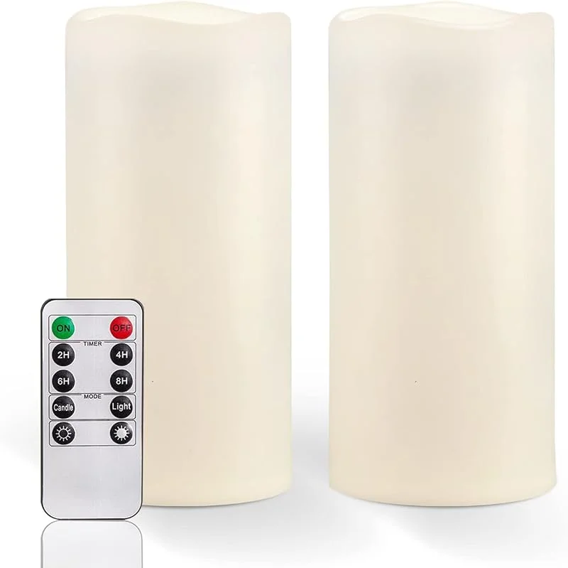 Homemory Velas grandes impermeables sin llama para exteriores de 8" x 4" con control remoto y temporizador, velas LED de pilar parpadeantes que funcionan con pilas para linternas interiores y — Cena a la luz de velas