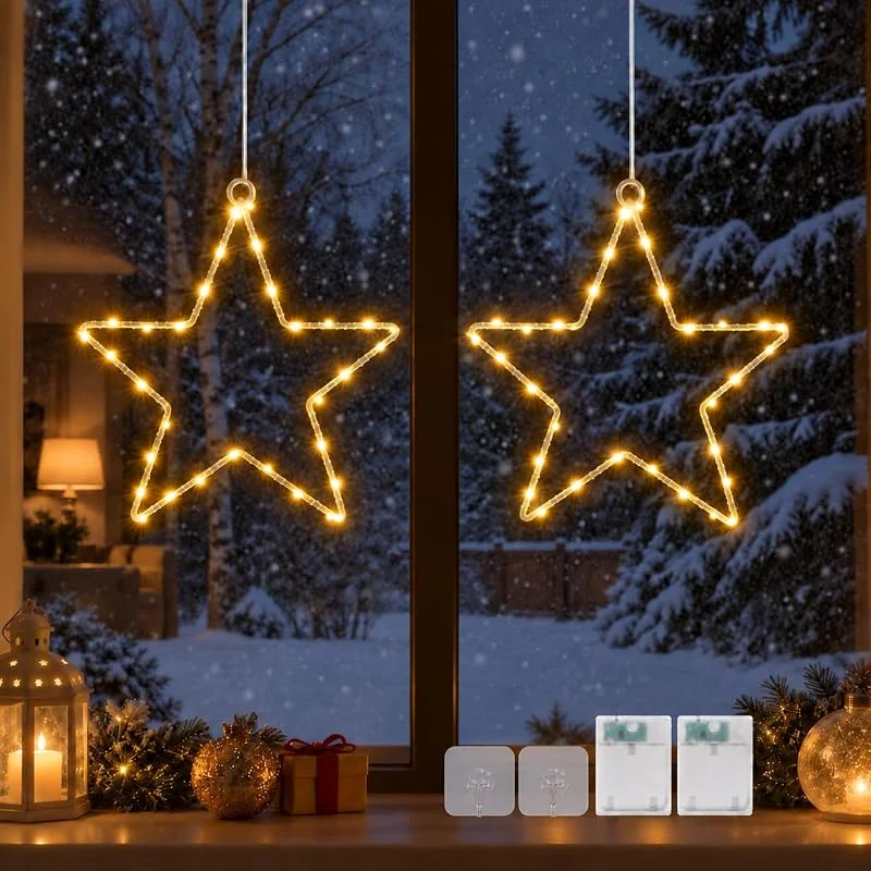 Liyade Estrellas Luminosas Navidad LED, 20cm 35 LED, Temporizador, 2 Pack — Decoracion Navidad