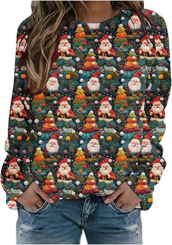 tacniseyw Suéter de Navidad para mujer, sudadera divertida con estampado de árbol de Navidad de Papá Noel, manga larga, cuello redondo, suéter de invierno para mujer, camisetas lindas y divertidas — Ropa Navidad
