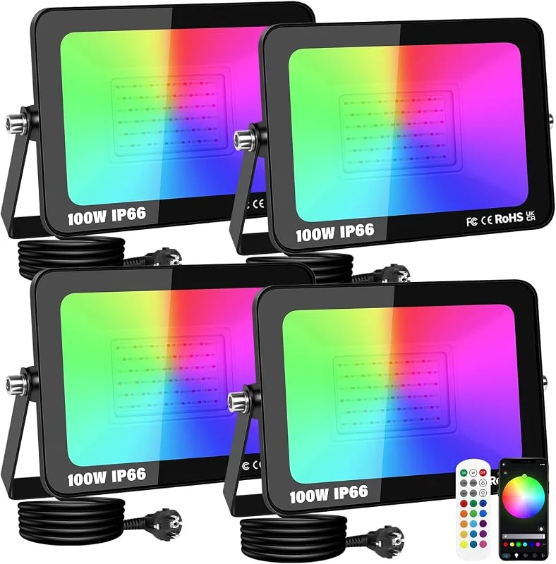 Visita la tienda de RIGIDON RIGIDON 4 x 100W Foco LED Exterior RGBW, 10000LM Proyector LED Colores — Luces Navidad