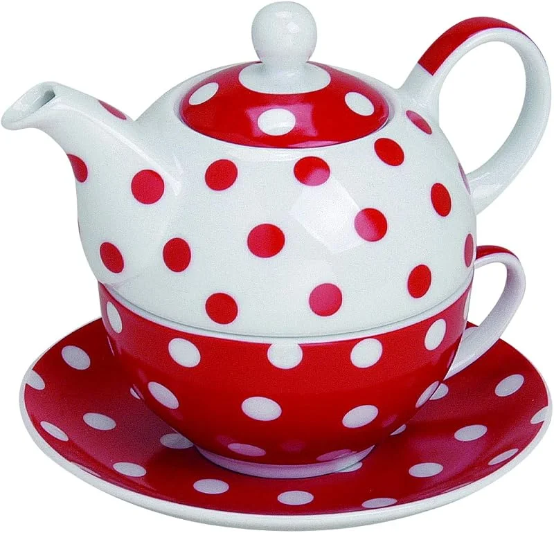 Wurm Tetera con taza de té y platillo plato Tea for one – Rojo con Lunares de 15 x 14 cm, porcelana Set de regalo — Adviento y mesa