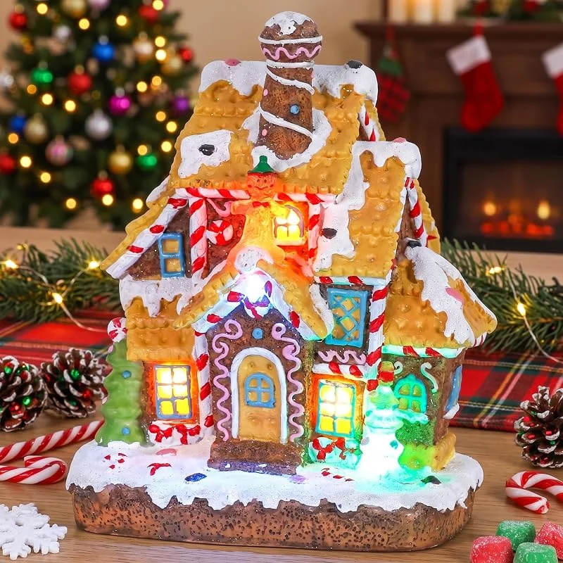 MEETYAMOR Decoraciones navideñas de pan de jengibre, kit de casa de jengibre iluminada de resina con árboles de Navidad, figura de hombre de jengibre, decoración de centro de mesa de Navidad para el — Decoracion Navidad