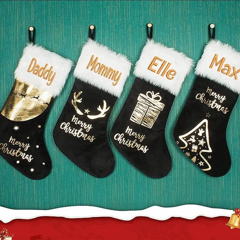 Keruidian Calcetín de Navidad negro – Calcetín de Navidad personalizado con borlas, calcetín de monograma – Calcetín familiar – Calcetín personalizado con nombre personalizado (juego de 4 piezas) — Decoracion Navidad