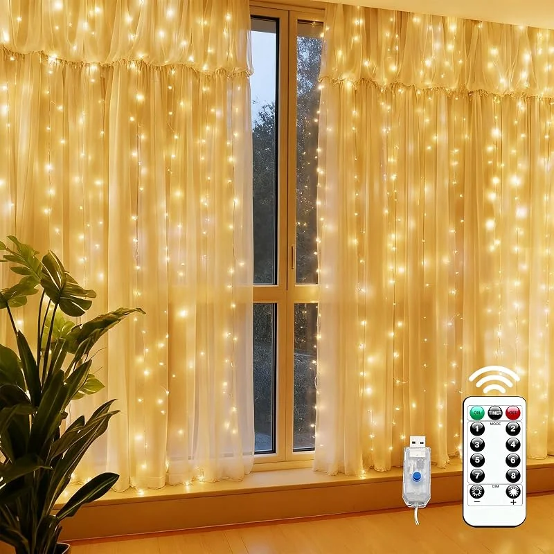 PESLNG Cortina de Luces LED 3x3m, 300 Luces, Impermeable IP65, USB y Mando, Luces Decorativas para Navidad y Bodas (Blanco cálido, 3 x 3M（300LED）) — Luces Navidad