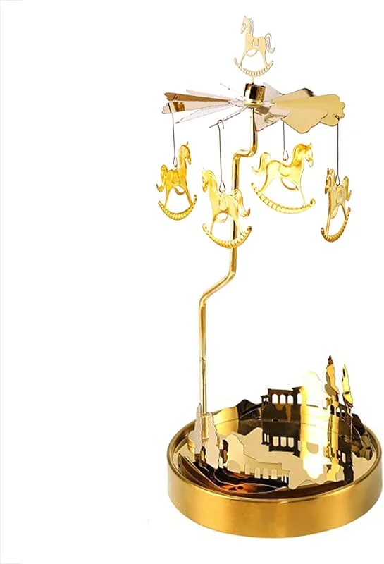 Holzsammlung Portavelas Giratorio Dorado, Carrusel de Velas Giratorias con Bandeja, Portavelas Navidad para Bodas, Decoración del Hogar, Regalos de Cumpleaños, Centro Navidad - Carrusel — Decoracion Navidad