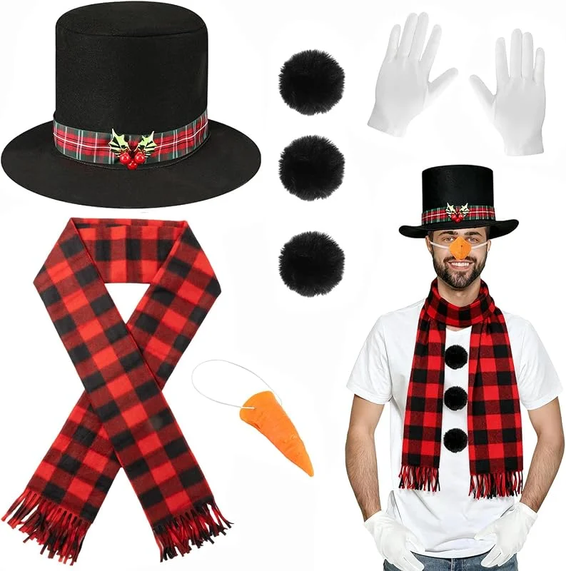 Tobriavor Disfraz Muñeco de Nieve, Gorro Muñeco de Nieve Bufanda Navidad Nariz de Zanahoria Guantes Pompones Disfraz Navidad Adulto — Ropa Navidad