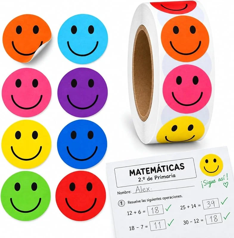 Visita la tienda de PLAYZOCO Rollo Pegatinas Emojis caras felices para niños, emoji stickers, 1 Unidad — Envoltorio regalo