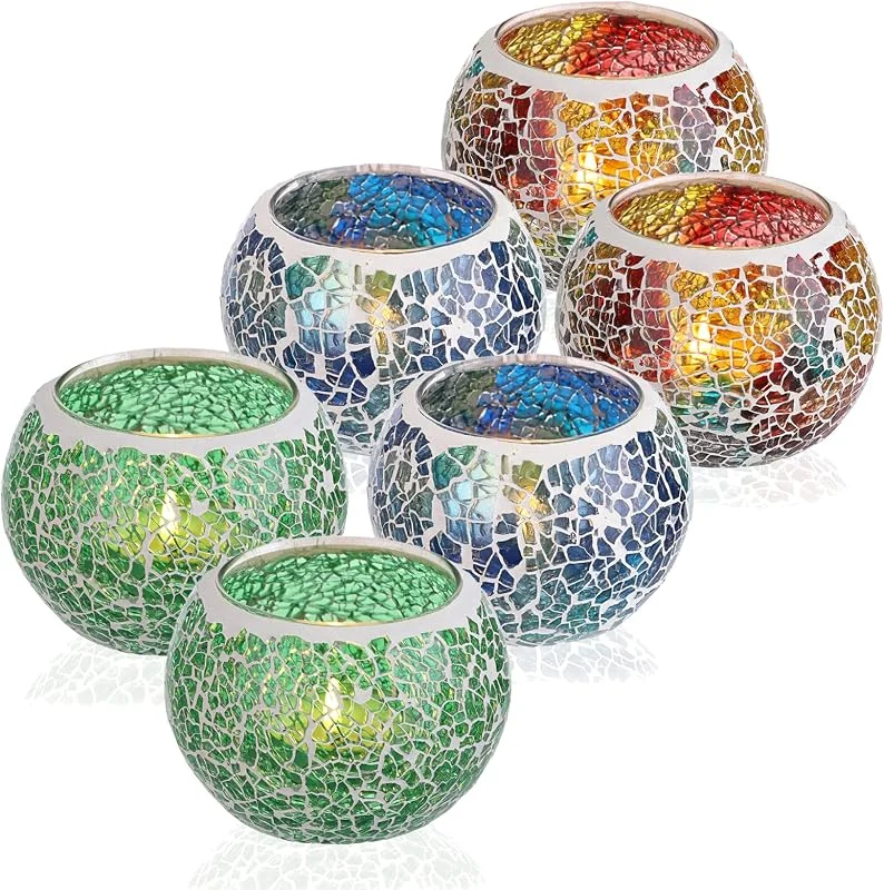 BSTKEY Juego de 6 portavelas de cristal con mosaico para velas de té, portavelas votivo decorativo, centro de mesa redondo para mesa, boda, fiesta, decoración del hogar (multicolor + azul + verde) — Cena a la luz de velas