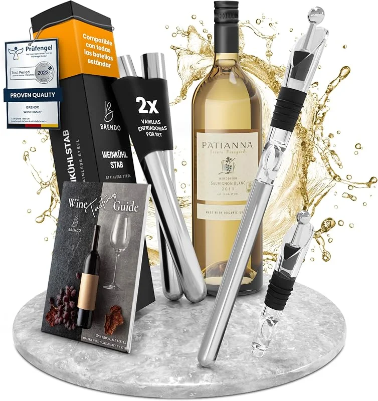 Visita la tienda de Brendo Brendo Enfriador de Botellas de Vino 4 en 1 – Varillas Enfriadoras de Acero Inoxidable en 2 Longitudes + Vertedor + Decantador + Tapón, Set de Regalo para Hombres y Mujeres, Accesorios para Vino — Vino y mesa festiva