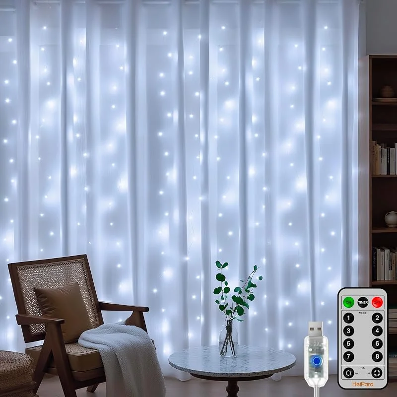 HeiPard Cortina de Luces Interior Exterior 3m x3m, 300 LED Luces Cortina Navidad, 8 Modos USB Impermeable Cascada Luces con Mando, Timer para Ventana, Habitación, Fiestas, Bodas (Blanca Fría) — Luces Navidad