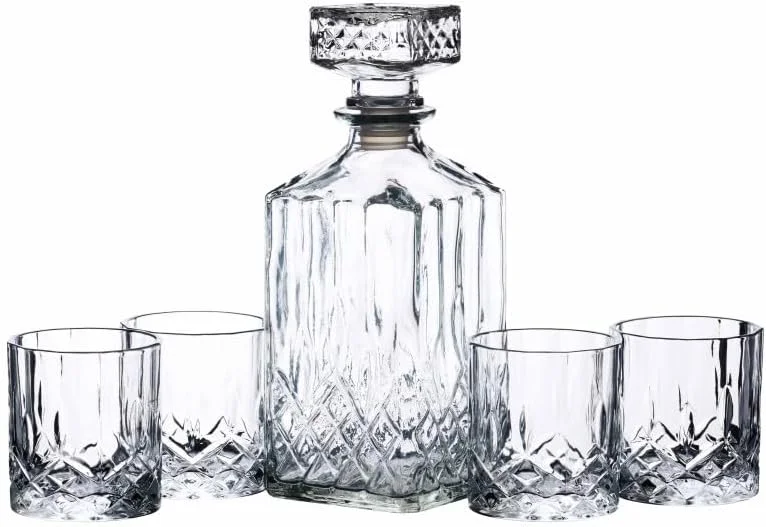 Visita la tienda de Bar Craft BarCraft Juego de Decantador de Whisky y Vaso de Regalo, Juego de 5 Piezas de Cristal Tallado, Decantador de 900ml con Tapón de Sello de Silicona y 4x Vasos, 26 x 10 x 24cm — Vino y mesa festiva