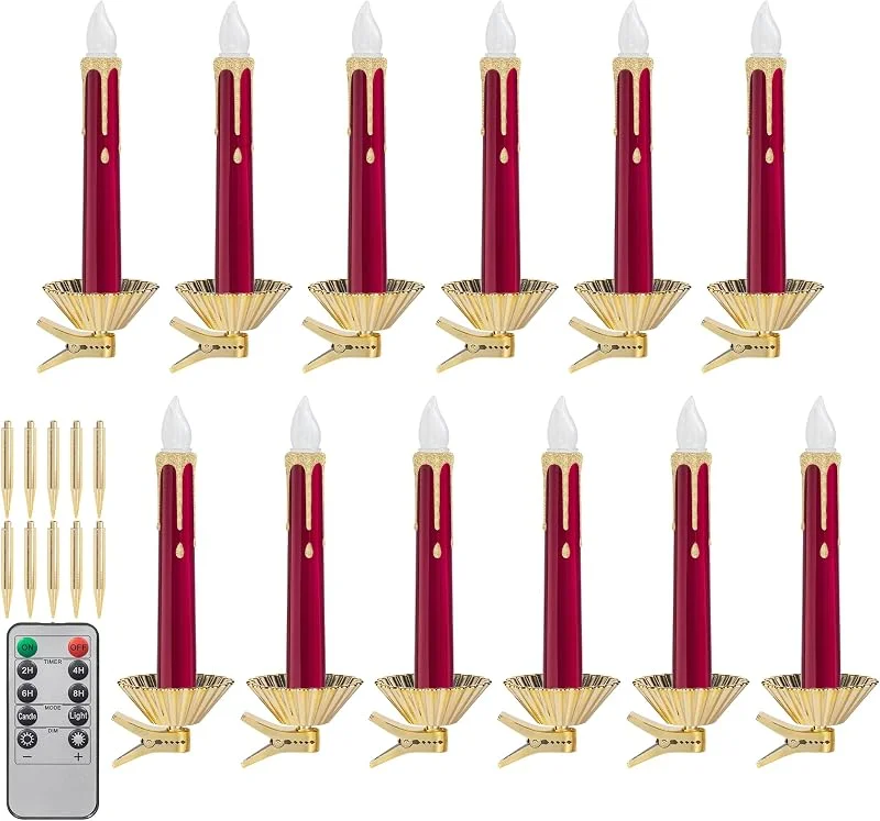 KI Store Velas LED rojas con función de temporizador, llama parpadeante, velas LED de cera real con mando a distancia, velas blancas de varilla, 10 unidades para decoración de Navidad — Cena a la luz de velas