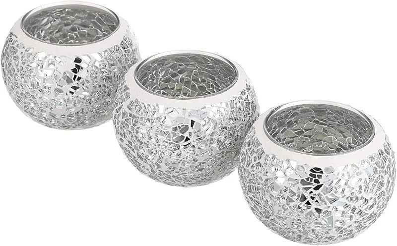 BSTKEY Set de 3 candelabros de tealight de vidrio mosaico, plata redonda — Cena a la luz de velas