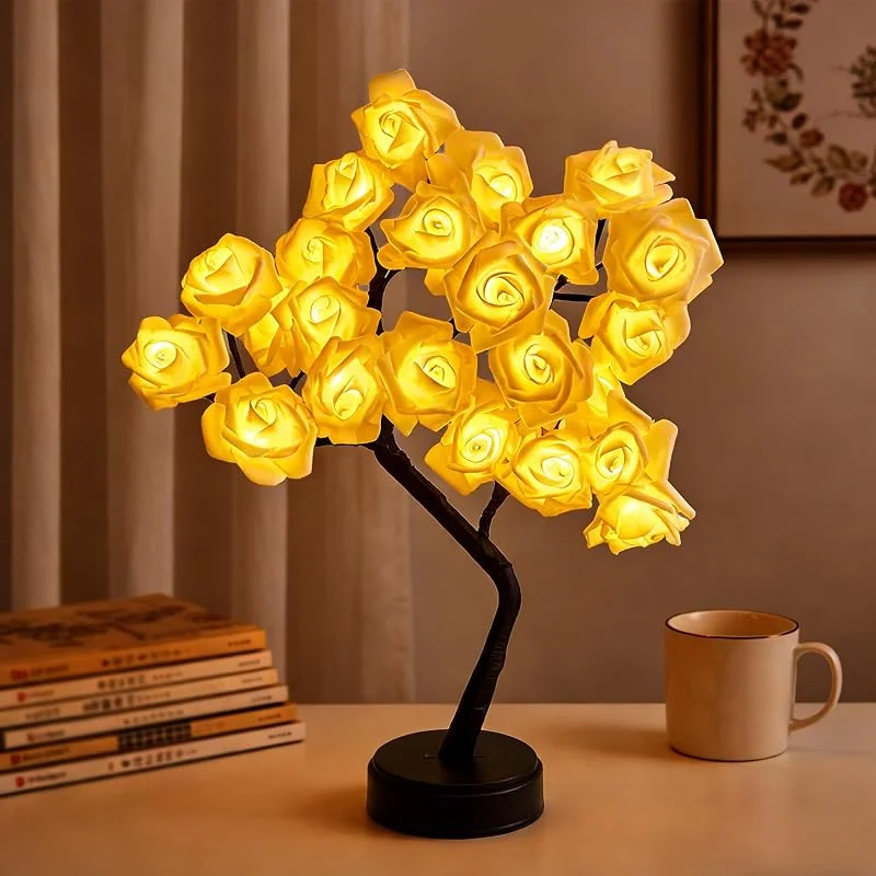 Visita la tienda de Richaa Lámpara de mesa con 24 luces LED de rosas, lámpara de mesa de árbol de rosas parpadeantes, bonita flor iluminada para dormitorio, sala de estar, fiesta, boda, cumpleaños, decoración de Navidad — Cena a la luz de velas