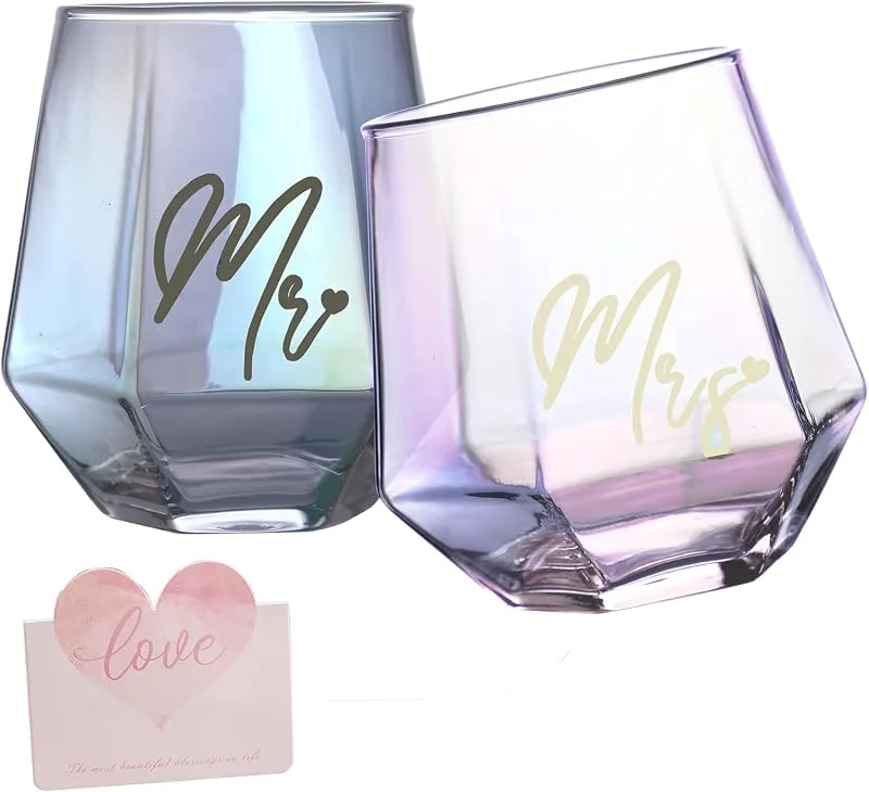 Yalucky Regalos de copas de vino en forma de diamante, regalos de boda para novia y novio, regalos para despedida de soltera, compromiso, regalo de compromiso, regalos de pareja para esposo y esposa.. — Vino y mesa festiva