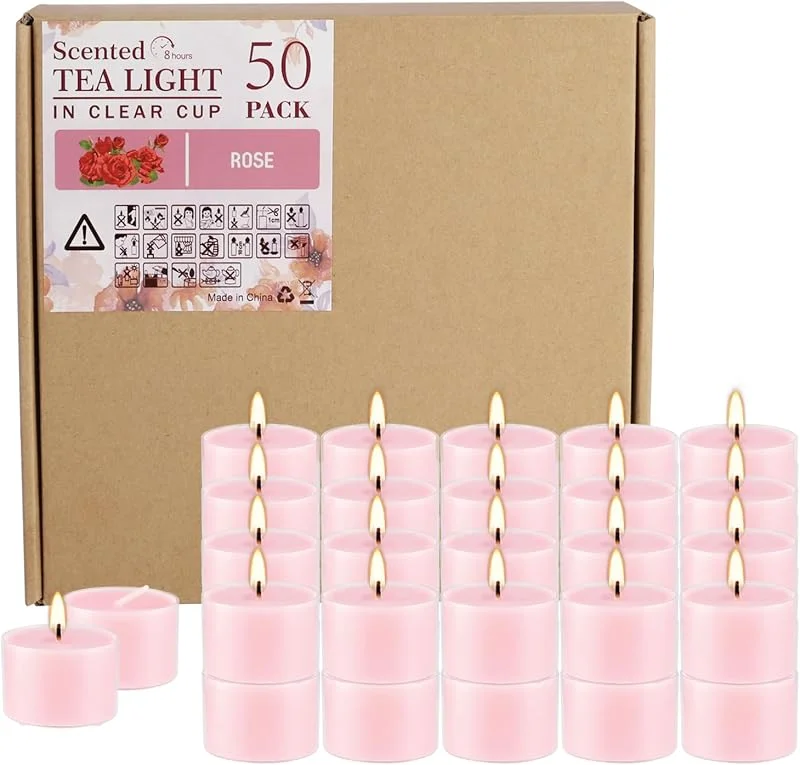 Wfmolcand Velas aromáticas de rosa en taza transparente, 8 horas de combustión limpia constante, sin golpes, ideal para vacaciones, bodas, spa, emergencia y decoración del hogar (rosa, 50 unidades) — Cena a la luz de velas