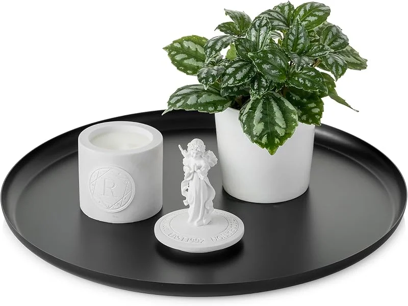 Romadedi Bandeja decorativa redonda de metal, 32 cm, color negro — Hogar y cocina