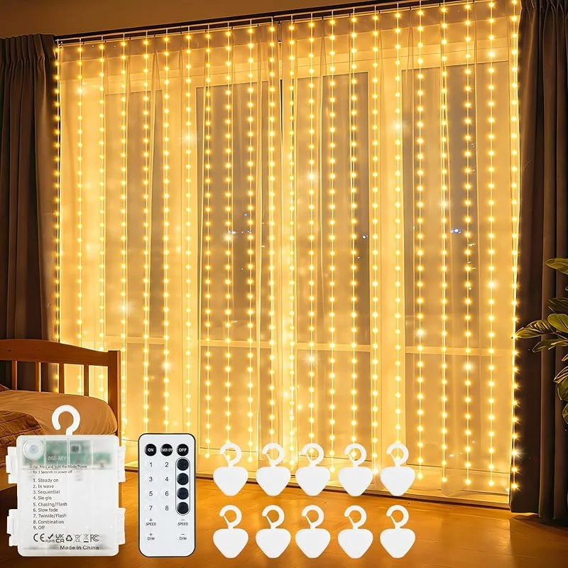 echosari Cortina de 300 luces LED, funciona con pilas, 3 m × 3 m — Luces Navidad