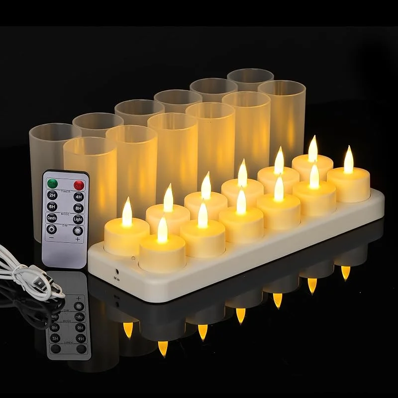 Neqraxis Velas LED Efecto Llama con Estación de Carga, 12 Unidades Velas LED Recargables USB con Temporizador y Control Remoto, Velas Decorativas Parpadeantes para Halloween, Navidad, Bodas y Fiestas — Cena a la luz de velas