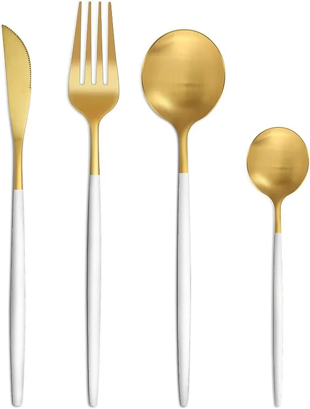 Visita la tienda de Bestdin Bestdin Cubertería 6 Personas, Cubertería 24 Piezas Oro Blanco Mate, Juego de Cena con Cuchillo Tenedor Cuchara, Hermoso Cubertería de Acero Inoxidable, Apta para Lavavajillas — Adviento y mesa