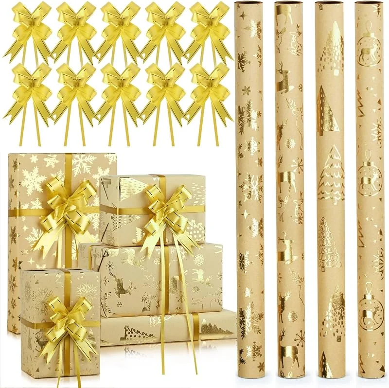AhfuLife 4 Rollos Papel de Regalo Navidad Oro, 43cm x 3m, Papel Kraft Metálico Reciclable con 10 Cintas para Regalos de Navideño, Cumpleaños y Fiestas​​ — Envoltorio regalo