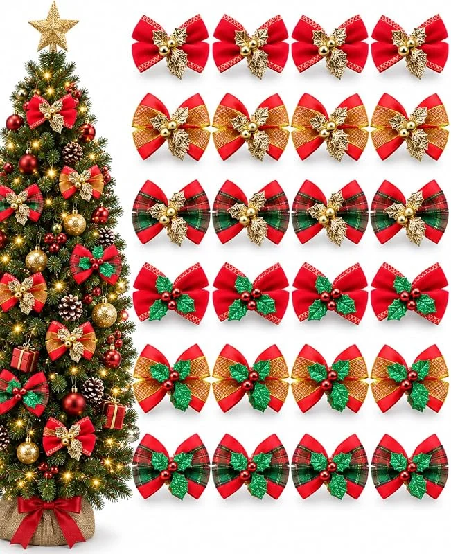 LEPJOS 24 Lazos Navideños con Campana en 6 Diseños, Lazos de Navidad con Brillo para Árbol de Navidad, Regalos y Corona de Adviento, Adornos Navideños para Manualidades y Decoración — Envoltorio regalo