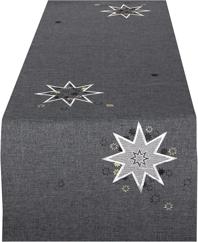 Tischdeckenshop24 Camino de mesa con estrellas de Navidad, gris, 40 x 140 cm, moderno mantel para Navidad — Hogar y cocina
