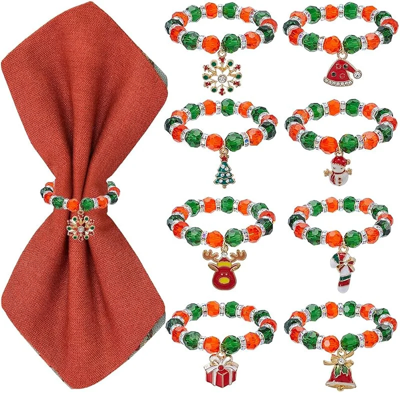 Visita la tienda de SUNNYCLUE SUNNYCLUE 8 Juego de Anillos para Servilletas de Navidad con Cuentas de Vidrio Rojas y Verdes y Adornos de Campana de Navidad — Adviento y mesa