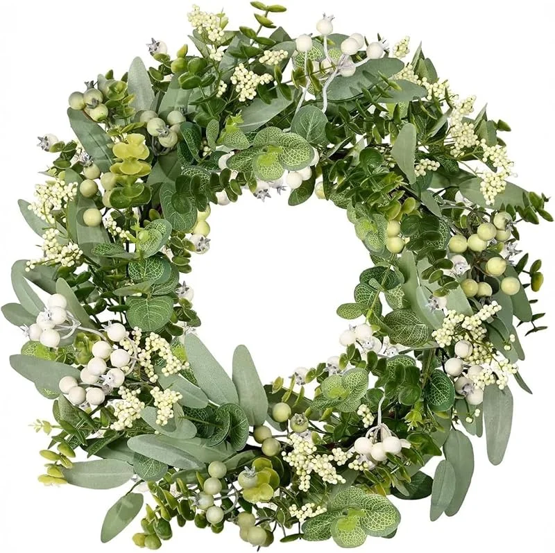 Solinorex Corona de Eucalipto y Bayas de 46 cm en PE Premium – Corona de Puerta Resistente a la Intemperie para Todo el Año, Decoración para Exteriores de Entrada, Jardín y Exteriores — Decoracion Navidad
