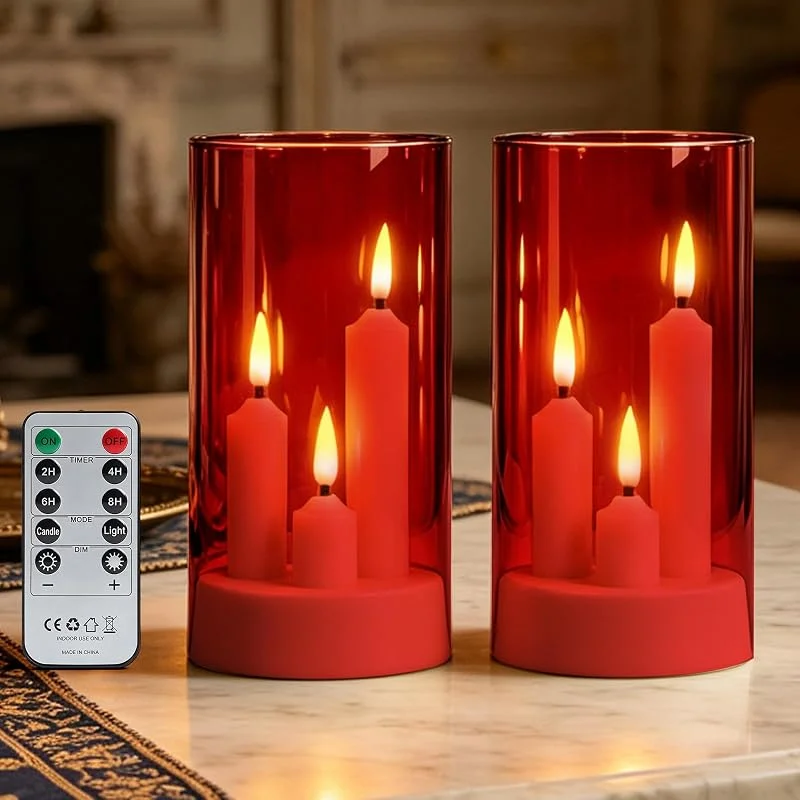 CPROSP Velas LED con 3 Núcleos, Carcasa de Acrílico Rojo, para Decoración — Luces Navidad