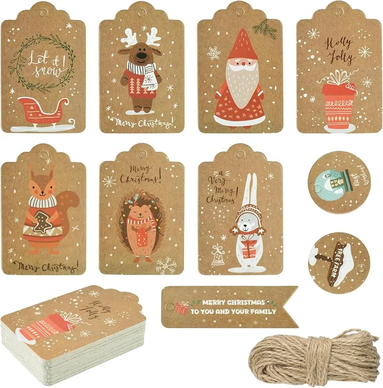 TAIYOU Paquete de 60 etiquetas de regalo de papel kraft de Navidad, etiquetas de Navidad, etiquetas retro de Navidad con cuerda, decoraciones de árbol de Navidad para regalos, embalaje, decoración — Envoltorio regalo