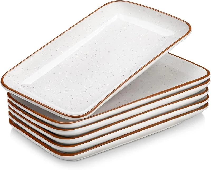 Visita la tienda de MALACASA MALACASA TARA Juego de 6 Platos de Servir de Cerámica, Platos Rectangulares 24, 7×14, 2 cm en Blanco con Borde Caqui, para Entrantes, Pasteles, Aperitivos y Sushi, Apto Lavavajillas y Microondas — Hogar y cocina