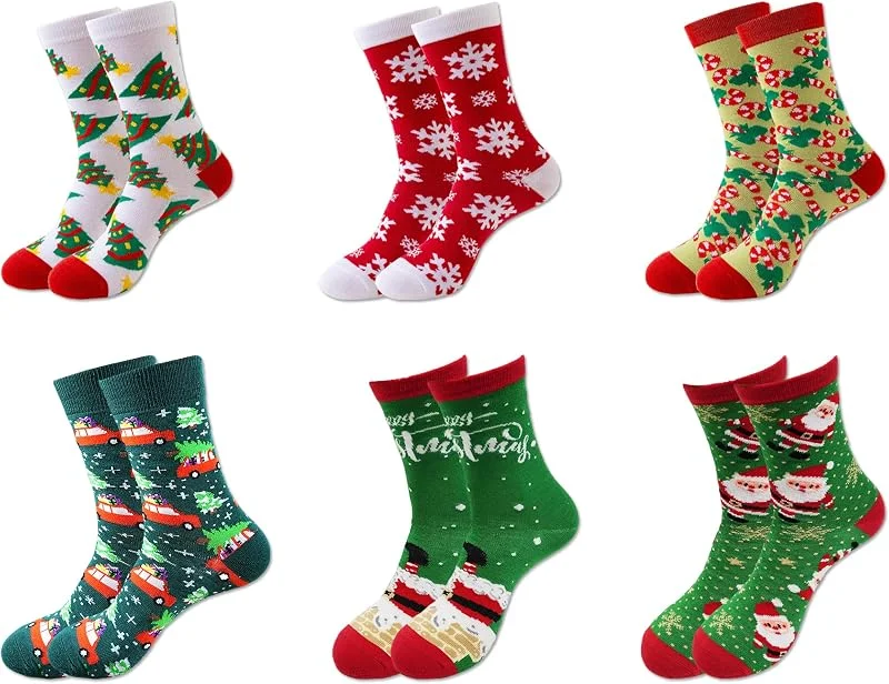 YoneJave Set de 6 Pares de Calcetines Navideños, Diseño Noruego de Medias Navideñas Tejidas, Calcetín de Papá Noel de Algodón Suave para Mujer en Invierno y Navidad — Decoracion Navidad