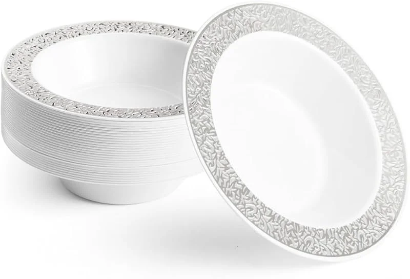 Visita la tienda de MATANA MATANA 20 Cuenco de Plástico Blanco con Borde Plateado, 360ml - Elegante, Resistente y Reutilizable - Bodas, Cumpleaños, Bautizos, Navidad, Barbacoas, Fiestas — Adviento y mesa
