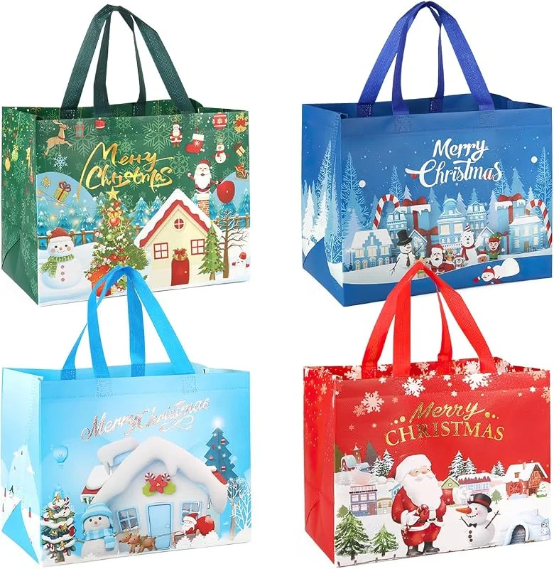 PARSUP 4 bolsas regalo Navidad, bolsas con asas, bolsas regalo Navidad bronceadas, bolsas multifuncionales no tejidas para envolver regalos, compras, suministros fiesta Navidad, 32, 5 x 25 x 17 cm — Envoltorio regalo