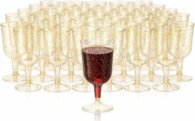 Visita la tienda de MATANA MATANA 50 Copas de Vino de Plástico Premium con Purpurina Dorada, 180ml - Copas Plastico Duro Reutilizable - Copas Vino Plastico para Cócteles, Postres en Fiestas, Bodas, Cumpleaños — Vino y mesa festiva