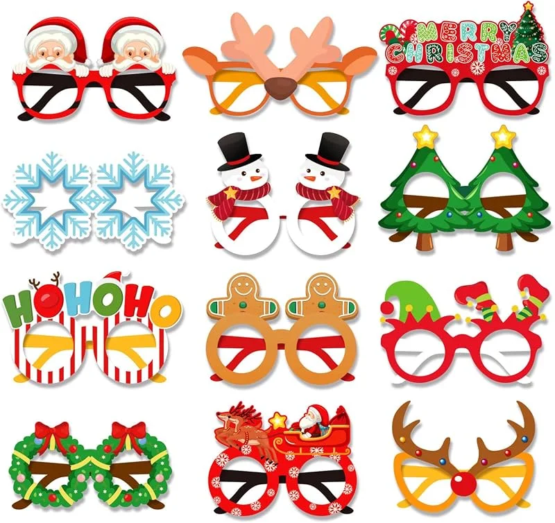 Jodsen 12 Piezas Gafas de Papel de Navidad Marco de Gafas de Navideñas Accesorios para Cabina de Fotos Máscaras Gafas de Fiesta Juego de Fiesta Gafas Vestido Decoración de Disfraces Suministros Niños Adultos — Ropa Navidad