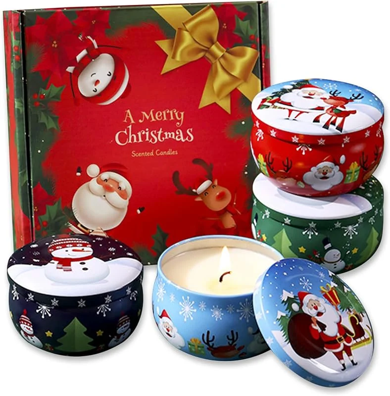 Zyluniy 4 Piezas Velas perfumadas de Navidad, Vela de Cera de Soja Natural con Aceites Esenciales Larga Duración de Combustión Idea de Regalo Perfecta para Mujeres Pequeños Regalos Navideños — Cena a la luz de velas