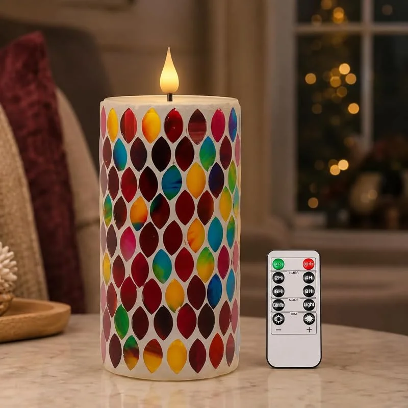 Visita la tienda de Da by Da by 1 Pieza Vela LED de Mosaico Hecha a Mano con Fragmentos de Vidrio de Colores en Forma de Gota, Llama Parpadeante Realista, Cera Natural y Vidrio, 8, 3x18cm, Control Remoto, Reutilizable para — Cena a la luz de velas