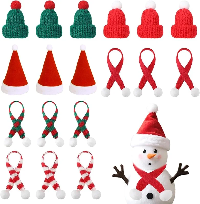 RIBSUQA 18 Piezas Mini Gorro Papa Noel y Bufanda, Mini Adornos Navidad Sombrero y Echarpe de Papá Noel, sombrero de piruleta, tapa de botella, Adecuado para Navidad, Fiesta, muñeco de nieve — Ropa Navidad