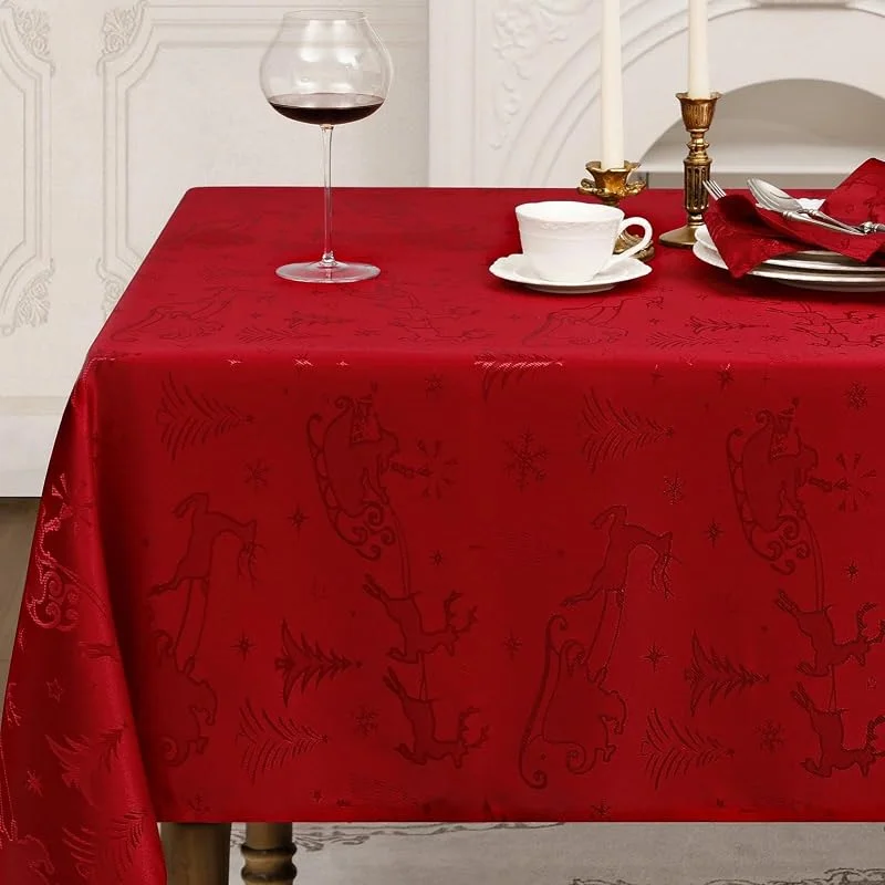 Romanstile Mantel de Navidad rojo de 240 x 140 cm, damasco con ciervo — Hogar y cocina