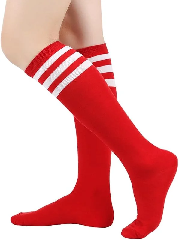 BrightGlow Medias hasta la rodilla para mujer, calcetines altos retro con rayas, muslo largo, calcetines altos, medias a rayas, calcetines deportivos, talla única — Ropa Navidad