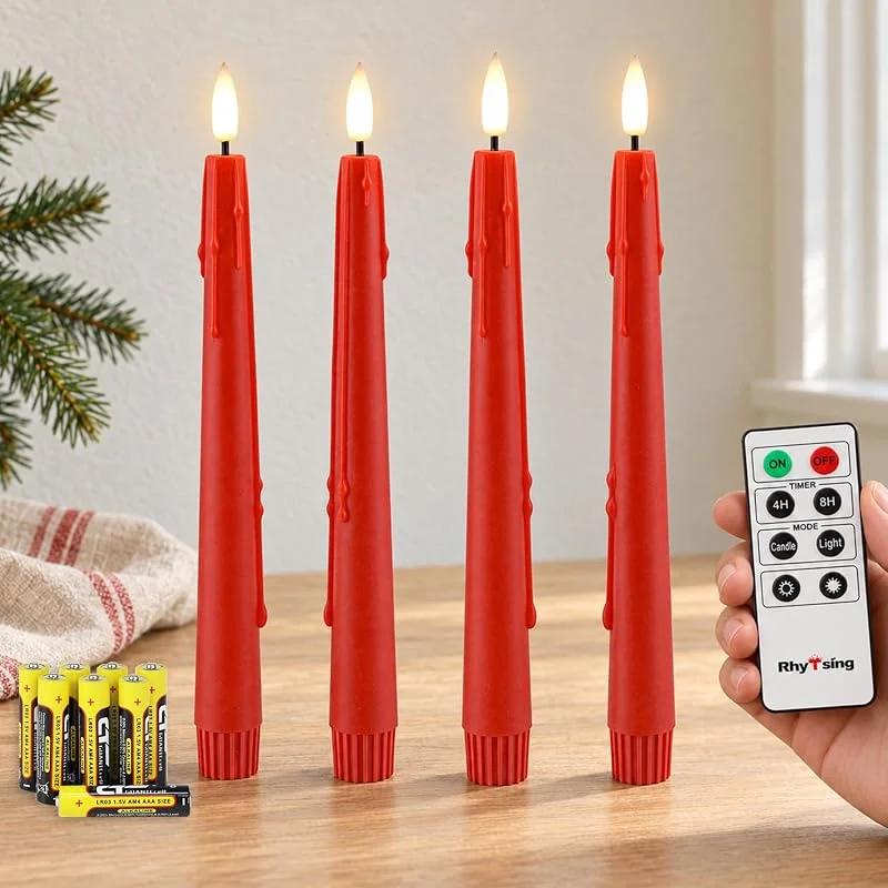 Visita la tienda de Rhytsing Rhytsing 4 Velas Cónicas Rojas de Navidad con Mando a Distancia, Velas Adviento a Pilas con Temporizador, Diseño de Goteo de Cera, 8 AAA Baterías Incluidas, Altura 24, 5 cm — Cena a la luz de velas