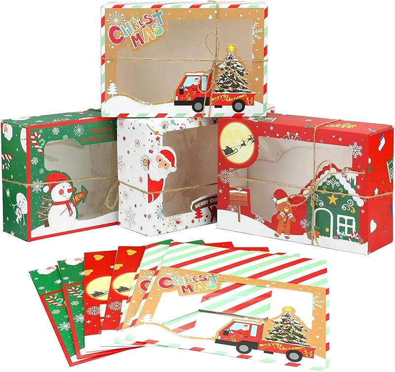 LATERN 12Pzs Cajas De Galletas De Navidad Con Ventana Transparente, 4 Estilos Cajas De Magdalenas Caja De Dulces De Chocolate Cajas De Regalo De Panadería Cajas De Regalo Para Fiesta (22 x 15 x 7CM) — Envoltorio regalo