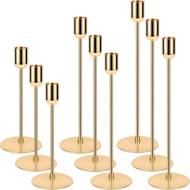 SERIONR 9 Pcs Candelabro Dorado, 18, 23, 28 cm, para Velas Cónicas de 2 cm — Adviento y mesa