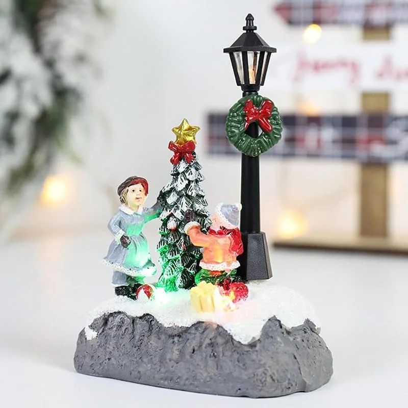 EUBUY Decoración de pueblo de Navidad, funciona con pilas, escena navideña de resina, con luz LED, adorno de Navidad — Decoracion Navidad